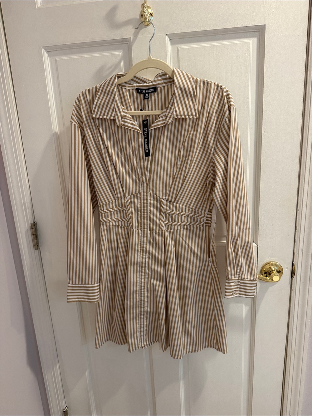 Steve Madden Beige and White Striped Long Sleeve Shirt Dress